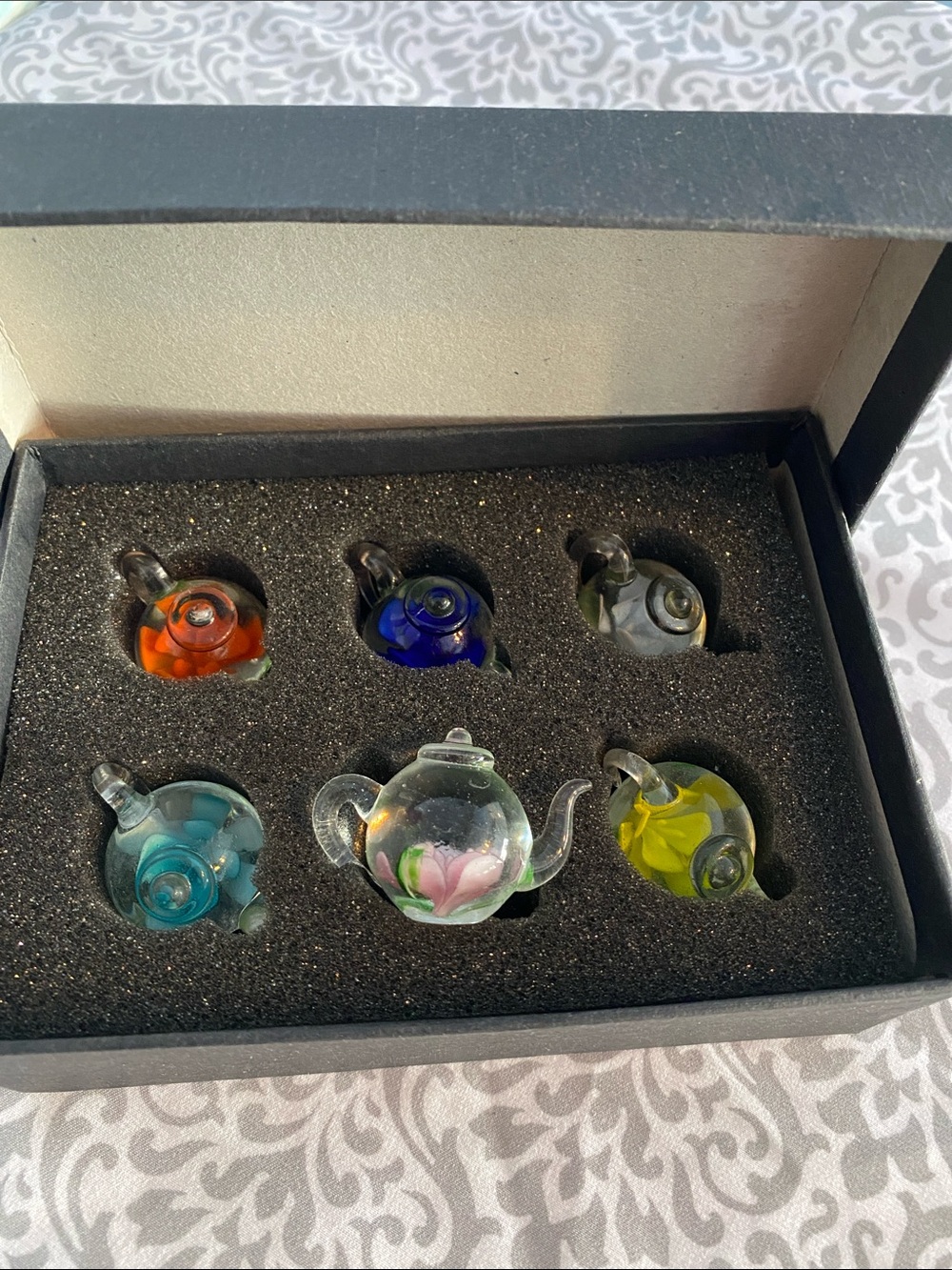 Glass Miniature Teapot Set - Multicolor Floral Accents